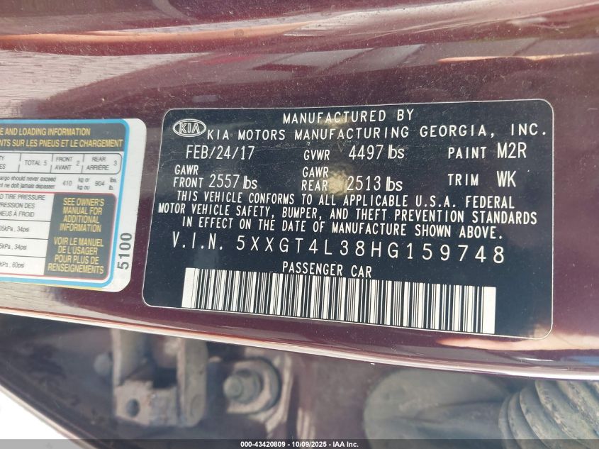 2017 Kia Optima Lx VIN: 5XXGT4L38HG159748 Lot: 43420809