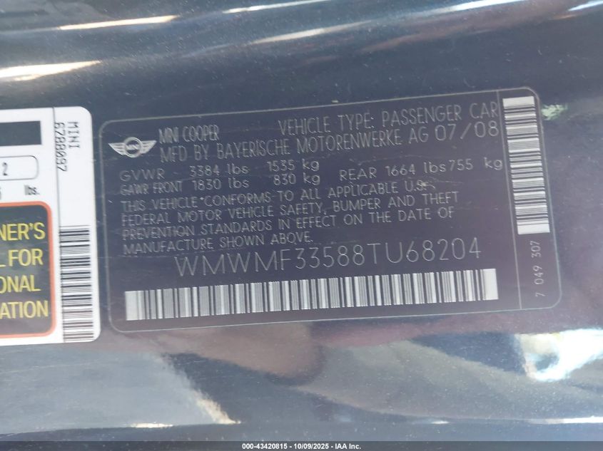 2008 Mini Cooper VIN: WMWMF33588TU68204 Lot: 43420815