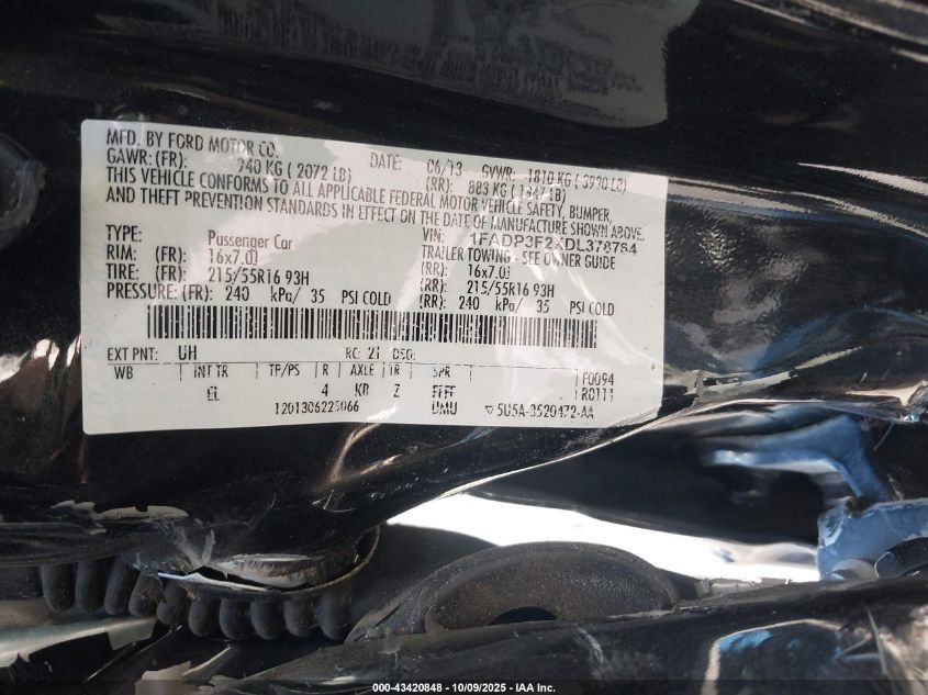 2013 Ford Focus Se VIN: 1FADP3F2XDL378764 Lot: 43420848