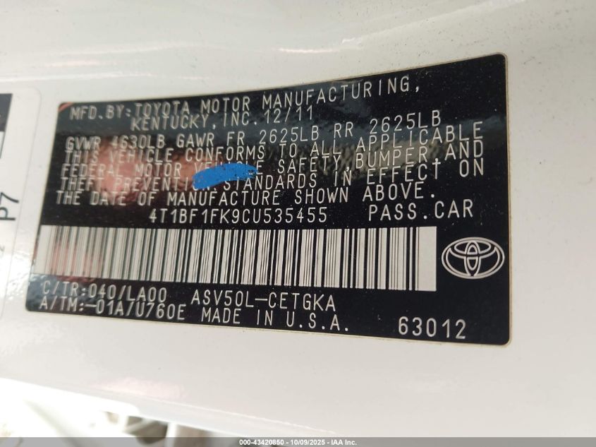 2012 Toyota Camry Xle VIN: 4T1BF1FK9CU535455 Lot: 43420850