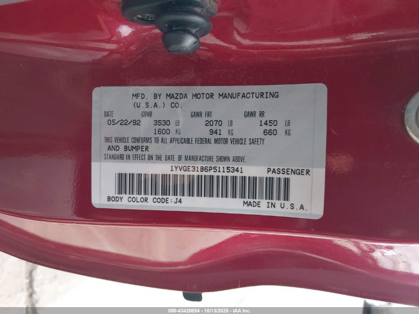 1993 Mazda Mx-6 Ls VIN: 1YVGE31B6P5115341 Lot: 43420854