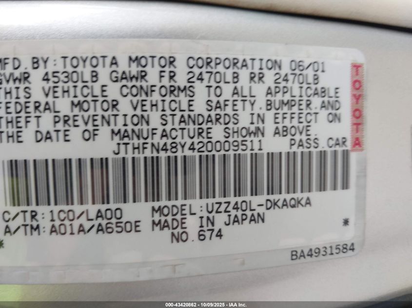 2002 Lexus Sc 430 VIN: JTHFN48Y420009511 Lot: 43420862