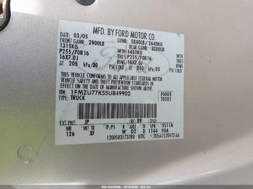 2005 Ford Explorer Sport Trac Adrenalin/Xls/Xlt VIN: 1FMZU77K55UB49902 Lot: 43420866
