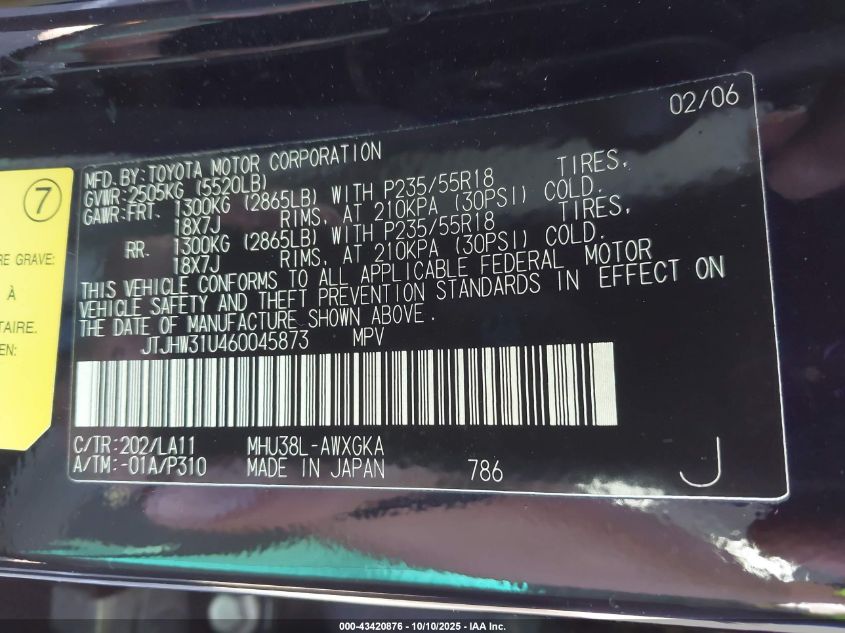 2006 Lexus Rx 400H VIN: JTJHW31U460045873 Lot: 43420876