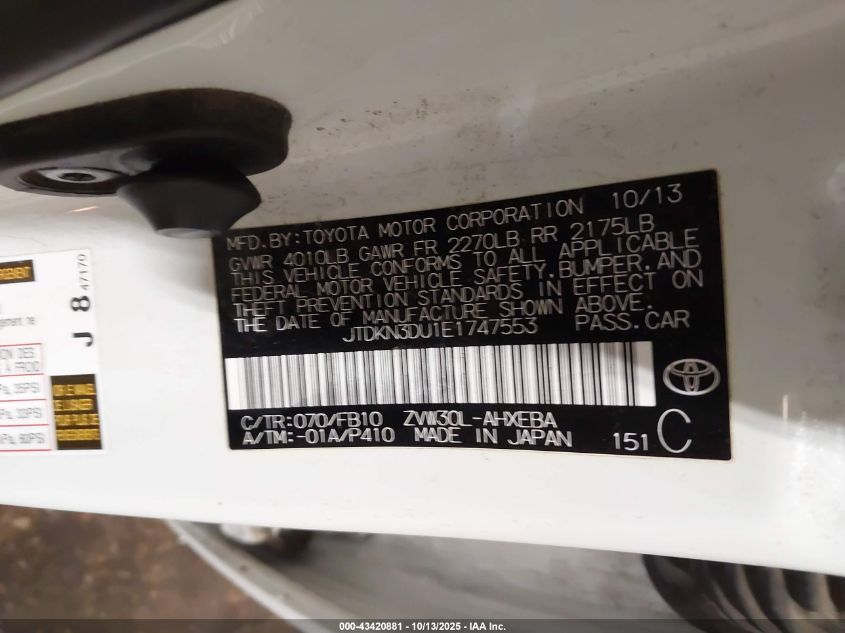 2014 Toyota Prius Three VIN: JTDKN3DU1E1747553 Lot: 43420881