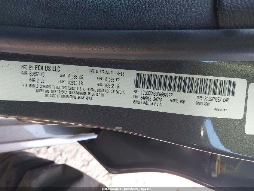 2015 Chrysler 200 Limited VIN: 1C3CCCAB8FN687167 Lot: 43420883