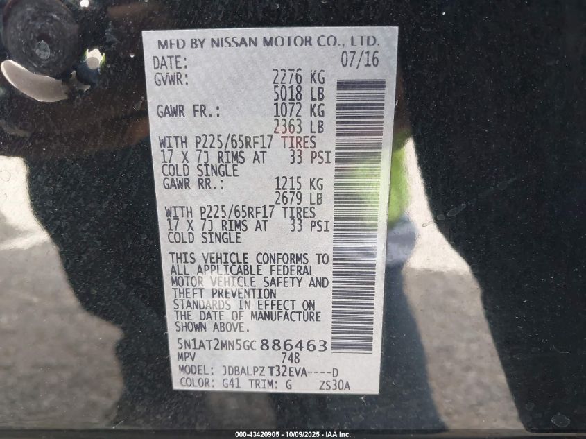 2016 Nissan Rogue S VIN: 5N1AT2MN5GC886463 Lot: 43420905