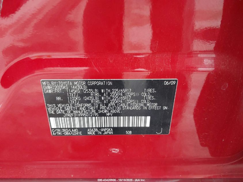 2009 Toyota Rav4 Limited VIN: JTMZF31V995012195 Lot: 43420906