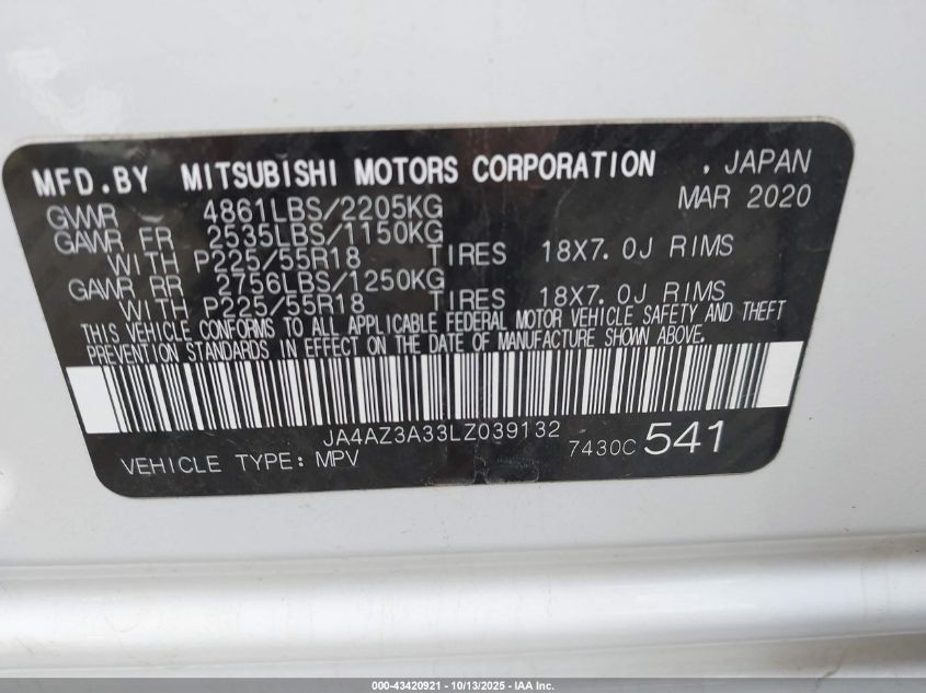 2020 Mitsubishi Outlander Es 2.4 S-Awc VIN: JA4AZ3A33LZ039132 Lot: 43420921