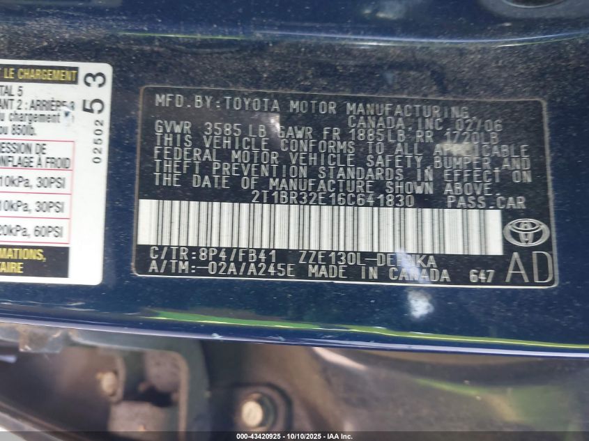 2006 Toyota Corolla Le VIN: 2T1BR32E16C641830 Lot: 43420925