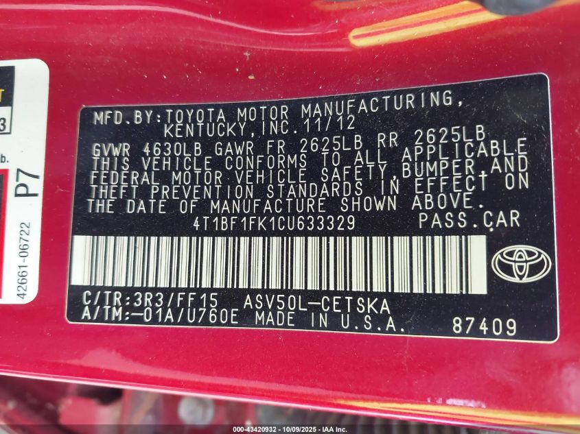 2012 Toyota Camry Se VIN: 4T1BF1FK1CU633329 Lot: 43420932