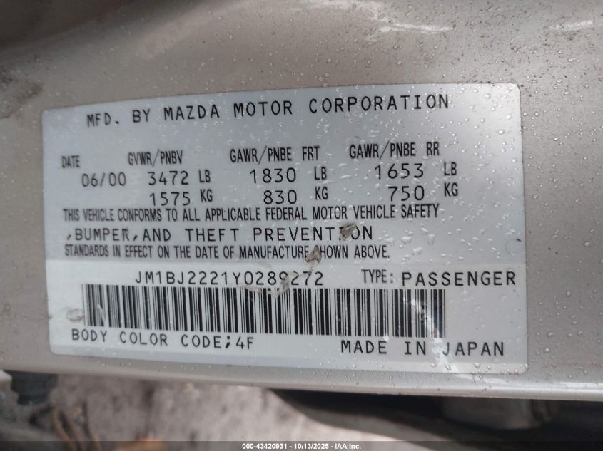 2000 Mazda Protege Dx/Lx VIN: JM1BJ2221Y0289272 Lot: 43420931