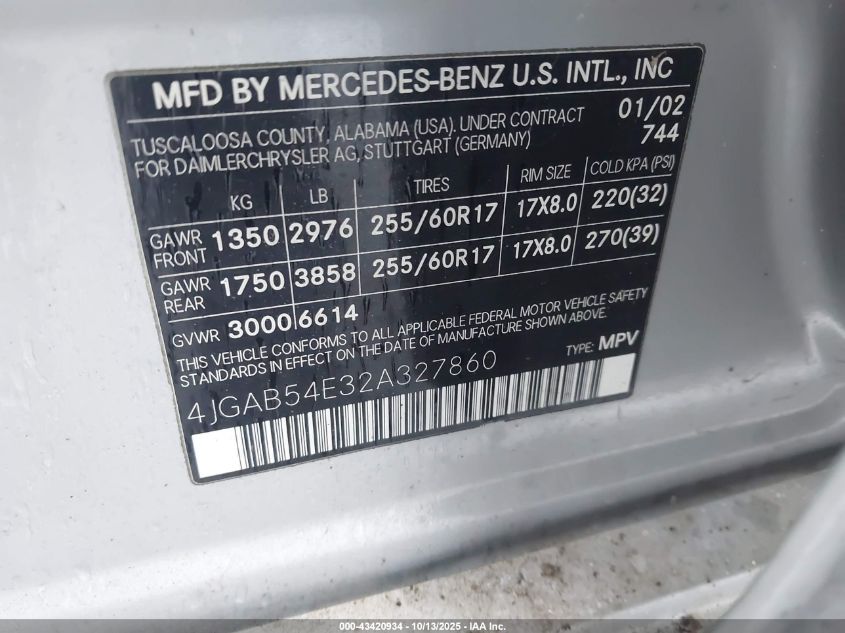 2002 Mercedes-Benz Ml 320 VIN: 4JGAB54E32A327860 Lot: 43420934