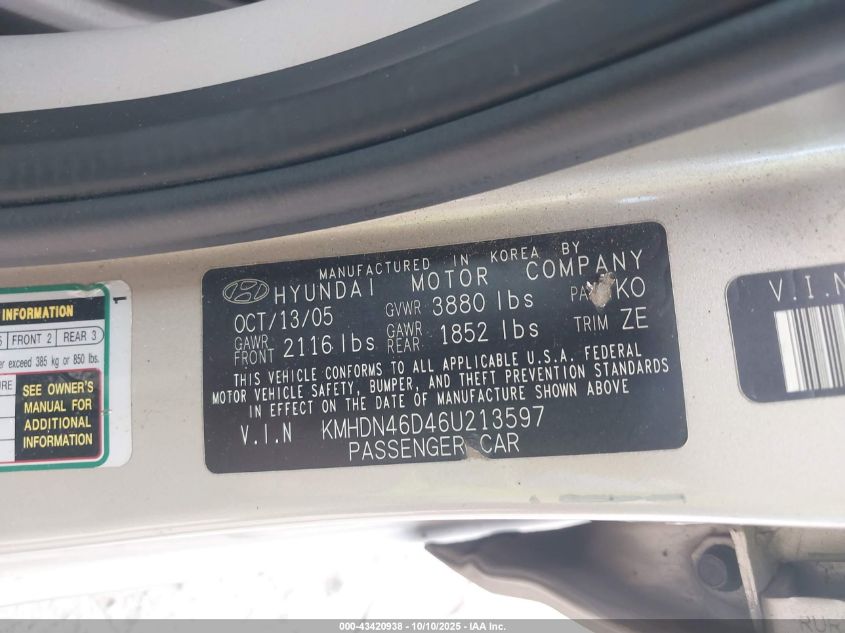 2006 Hyundai Elantra Gls/Limited VIN: KMHDN46D46U213597 Lot: 43420938