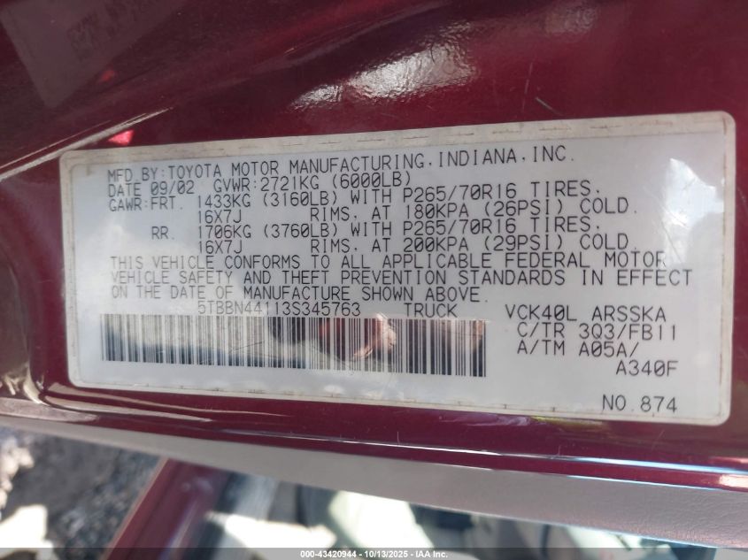 2003 Toyota Tundra Sr5 VIN: 5TBBN44113S345763 Lot: 43420944