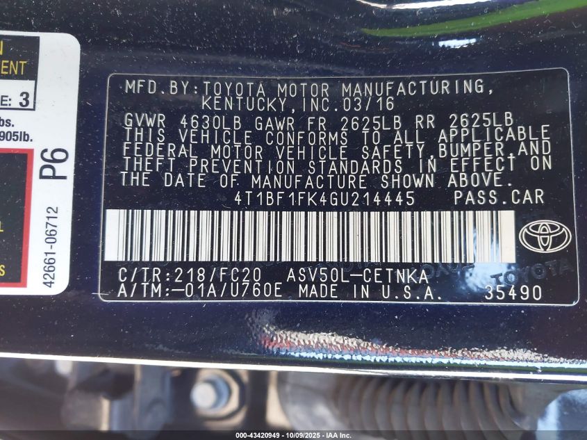 2016 Toyota Camry Le VIN: 4T1BF1FK4GU214445 Lot: 43420949