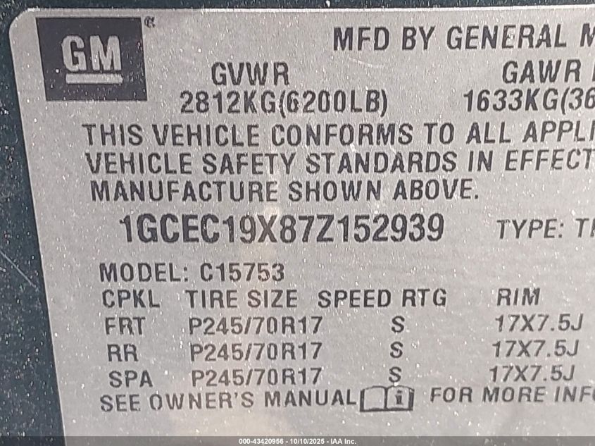 2007 Chevrolet Silverado 1500 Classic Work Truck VIN: 1GCEC19X87Z152939 Lot: 43420956