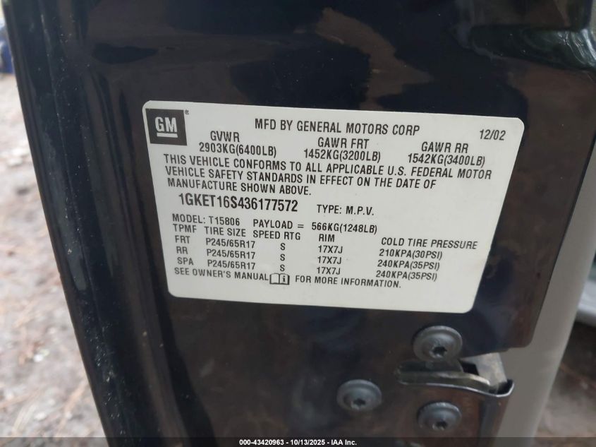 2003 GMC Envoy Xl Slt VIN: 1GKET16S436177572 Lot: 43420963