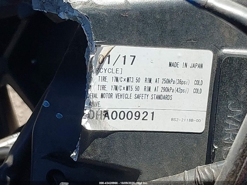 2017 Yamaha Fz09 VIN: JYARN53E0HA000921 Lot: 43420966