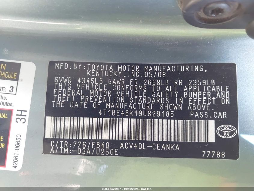 2009 Toyota Camry Le VIN: 4T1BE46K19U829185 Lot: 43420967