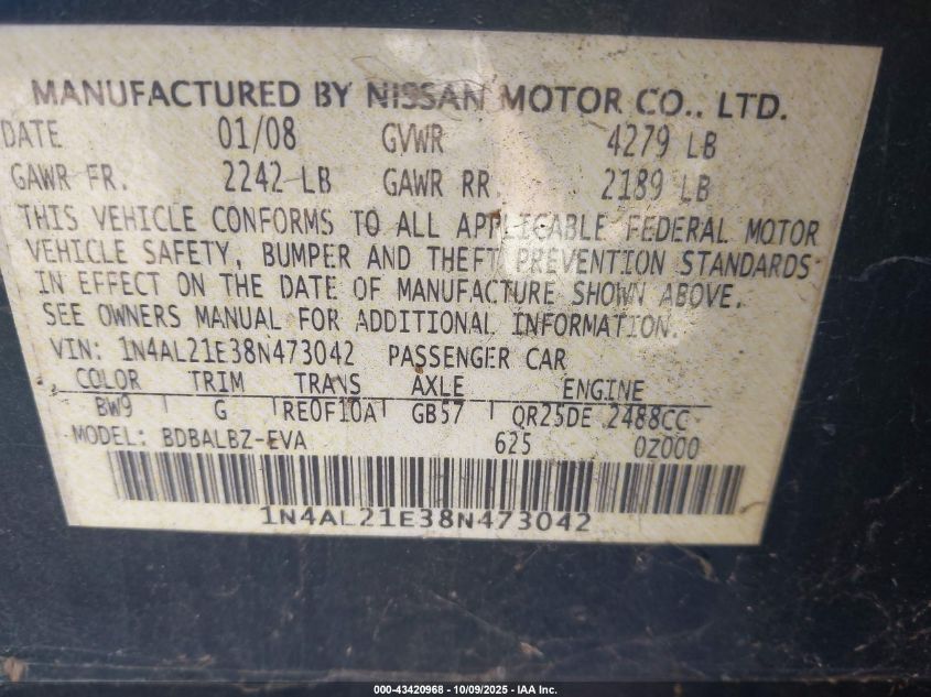 2008 Nissan Altima 2.5/2.5S VIN: 1N4AL21E38N473042 Lot: 43420968