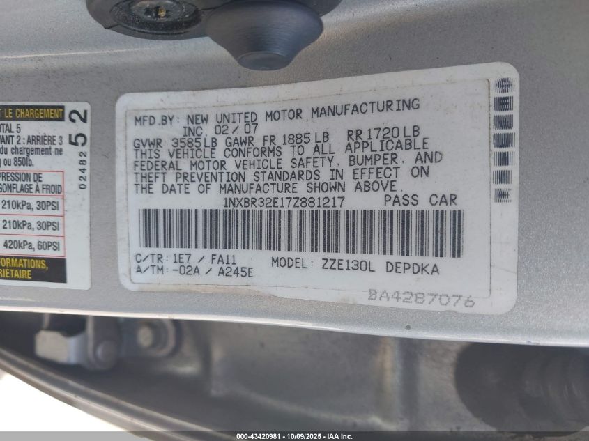 2007 Toyota Corolla Ce VIN: 1NXBR32E17Z881217 Lot: 43420981