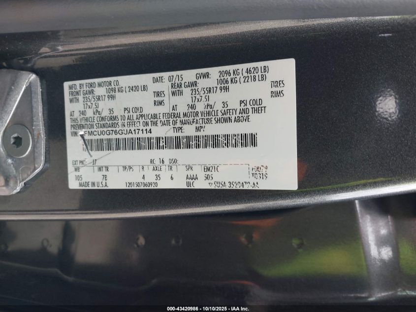 2016 Ford Escape Se VIN: 1FMCU0G76GUA17114 Lot: 43420986