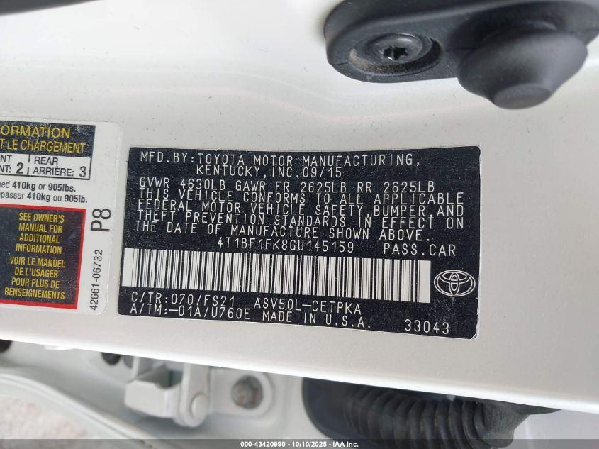 2016 Toyota Camry Se VIN: 4T1BF1FK8GU145159 Lot: 43420990