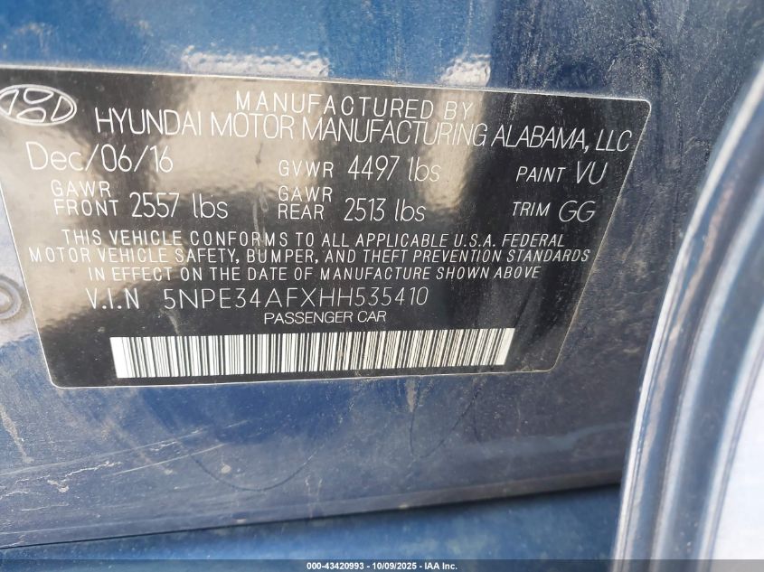 2017 Hyundai Sonata Sport VIN: 5NPE34AFXHH535410 Lot: 43420993