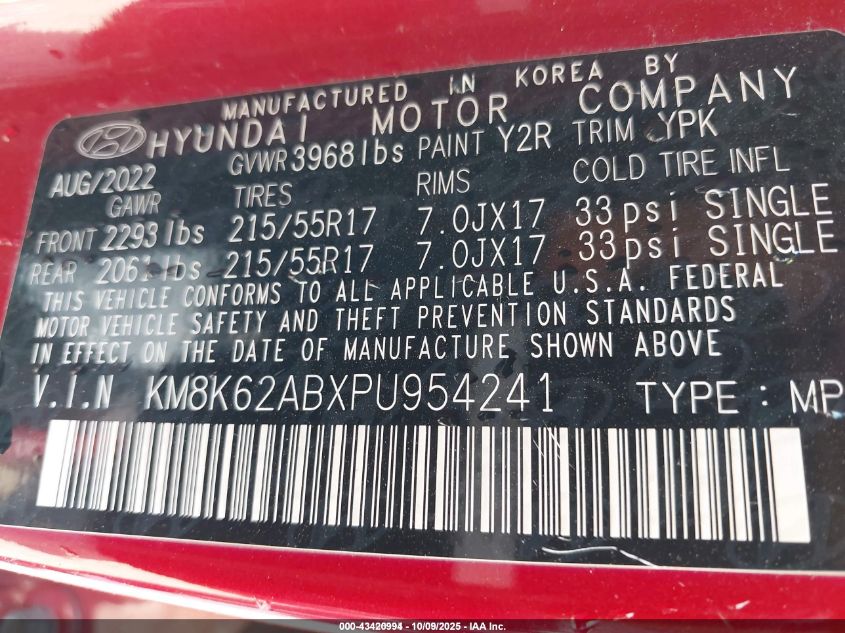 2023 Hyundai Kona Sel VIN: KM8K62ABXPU954241 Lot: 43420994