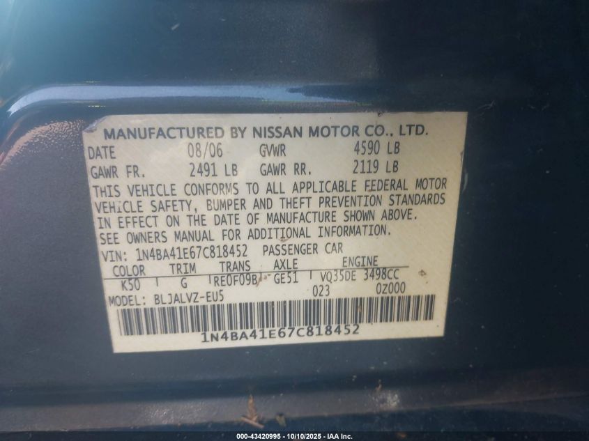 2007 Nissan Maxima 3.5 Se VIN: 1N4BA41E67C818452 Lot: 43420995