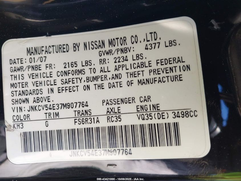 2007 Infiniti G35 VIN: JNKCV54E37M907764 Lot: 43421000