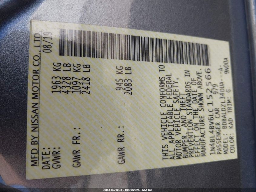 2020 Nissan Altima S Fwd VIN: 1N4BL4BV6LC152566 Lot: 43421003