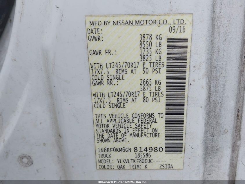 2016 Nissan Nv Cargo Nv1500 Sv V6 VIN: 1N6BF0KM6GN814980 Lot: 43421011