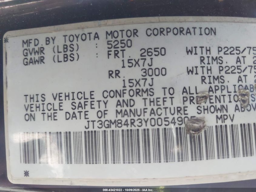 2000 Toyota 4Runner VIN: JT3GM84R3Y0054905 Lot: 43421022