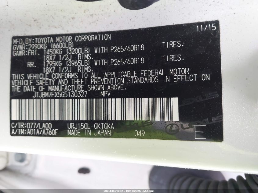 2016 Lexus Gx 460 VIN: JTJBM7FX5G5130327 Lot: 43421032