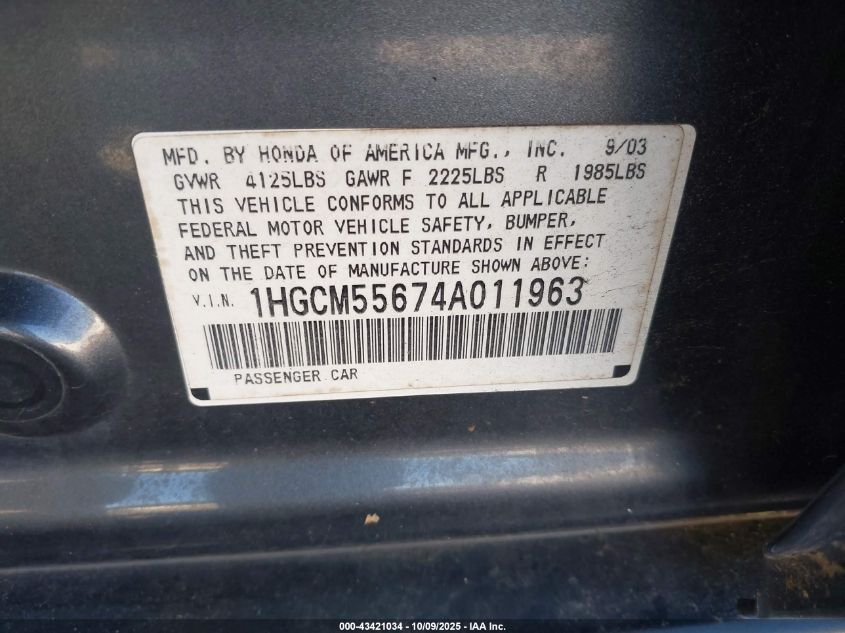 2004 Honda Accord 2.4 Ex VIN: 1HGCM55674A011963 Lot: 43421034