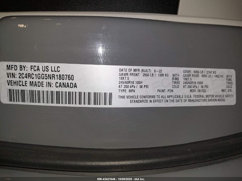 2022 Chrysler Pacifica Limited VIN: 2C4RC1GG5NR180760 Lot: 43421046