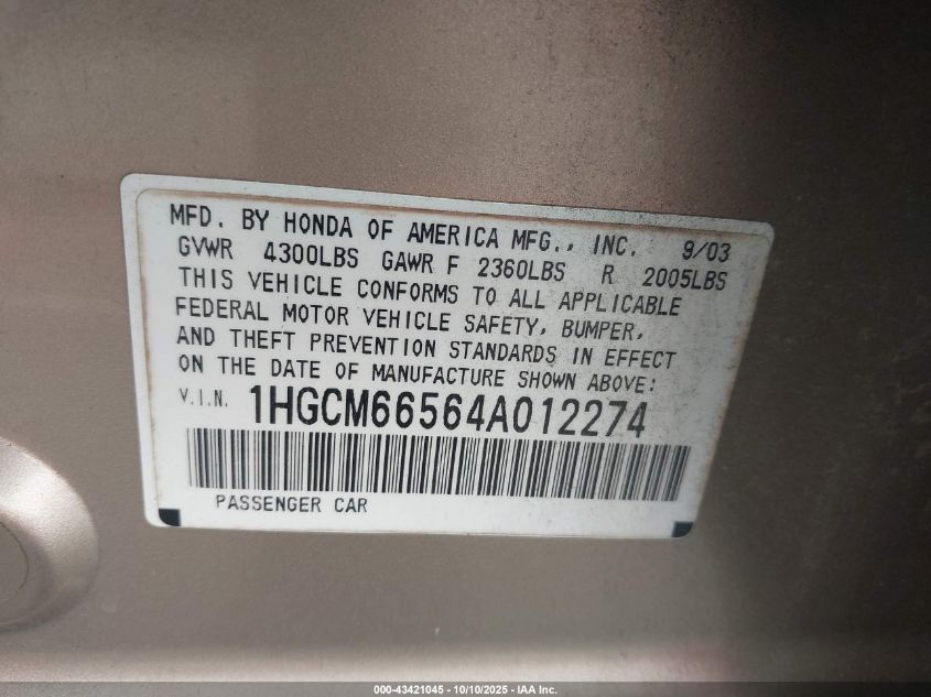 2004 Honda Accord 3.0 Ex VIN: 1HGCM66564A012274 Lot: 43421045