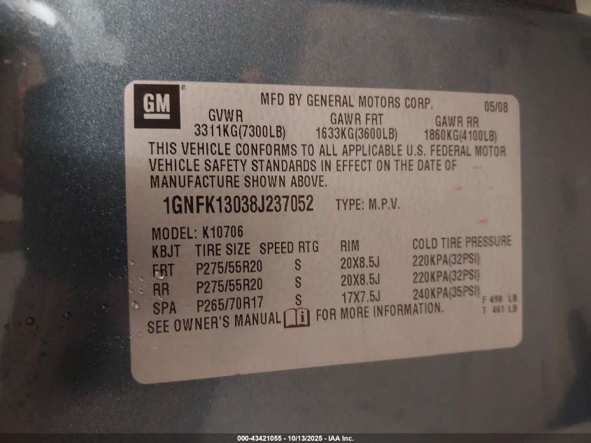2008 Chevrolet Tahoe Lt VIN: 1GNFK13038J237052 Lot: 43421055