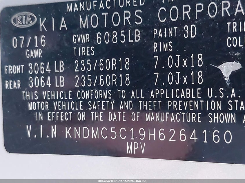 2017 Kia Sedona Ex VIN: KNDMC5C19H6264160 Lot: 43421067