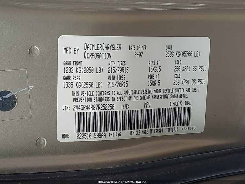 2007 Chrysler Town & Country Lx VIN: 2A4GP44R87R252258 Lot: 43421084