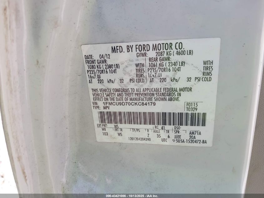 2012 Ford Escape Xlt VIN: 1FMCU9D70CKC84179 Lot: 43421086