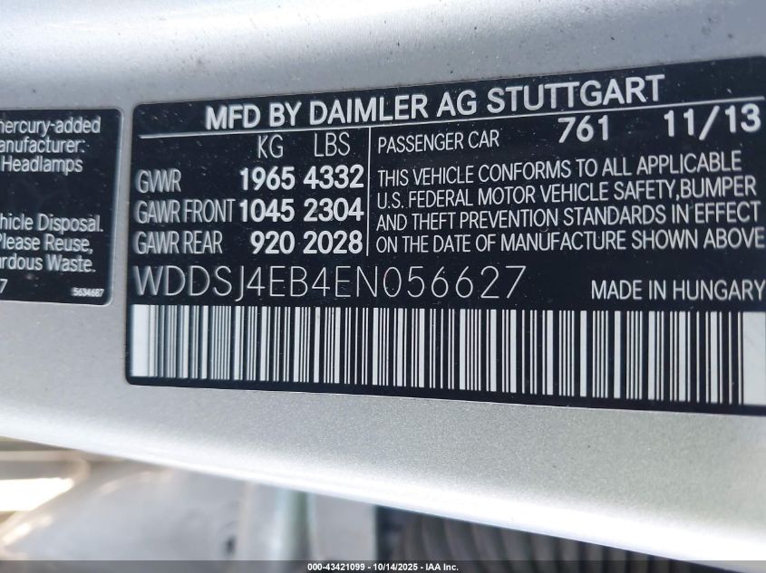 2014 Mercedes-Benz Cla 250 VIN: WDDSJ4EB4EN056627 Lot: 43421099