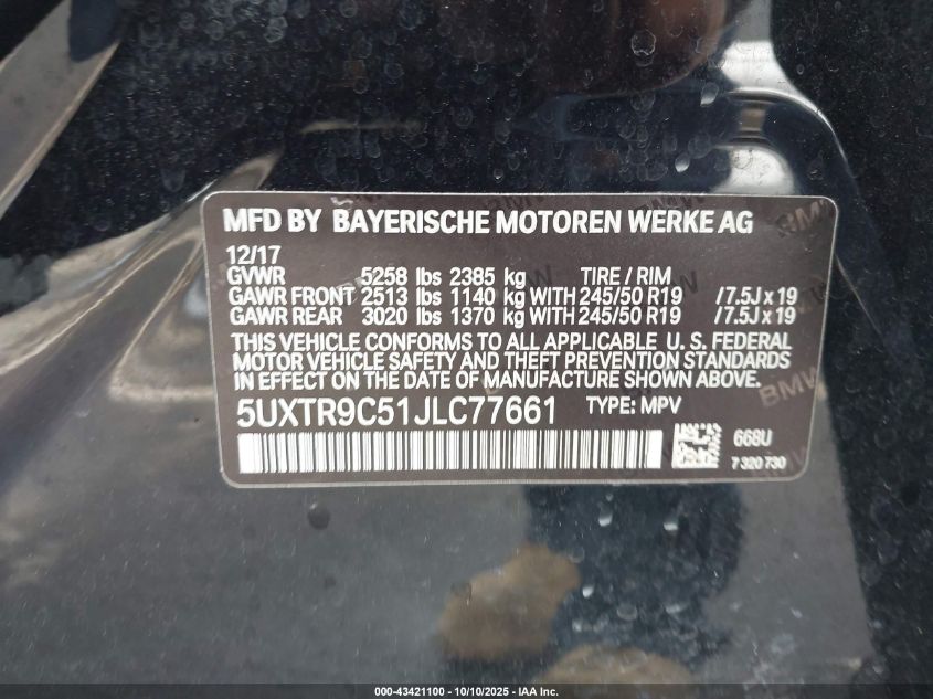 2018 BMW X3 xDrive30I VIN: 5UXTR9C51JLC77661 Lot: 43421100