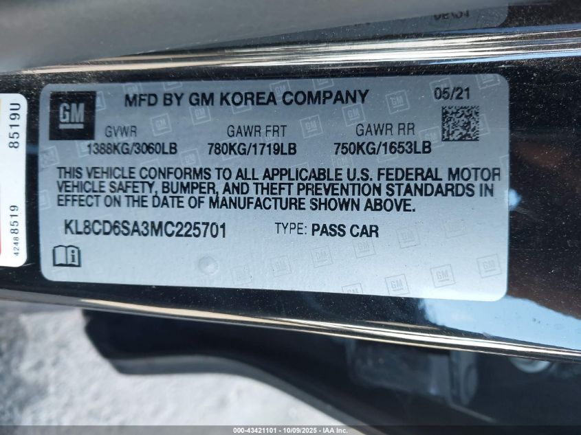 2021 Chevrolet Spark Fwd 1Lt Automatic VIN: KL8CD6SA3MC225701 Lot: 43421101