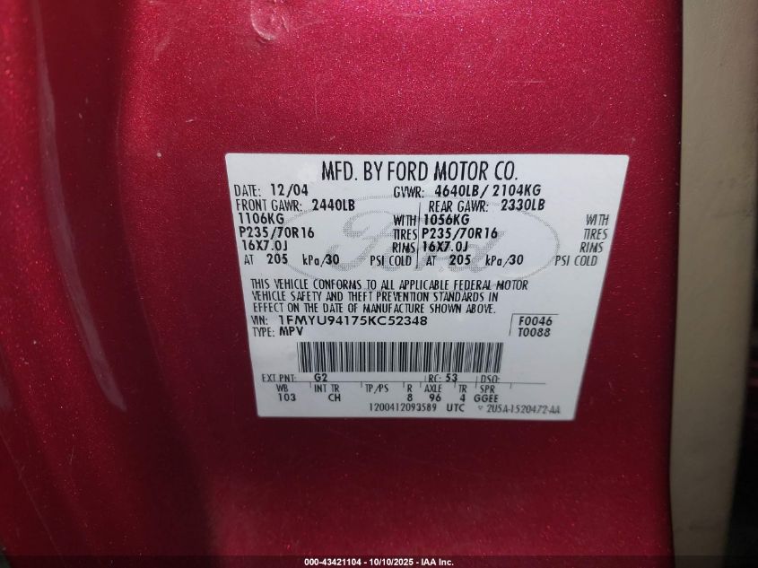 2005 Ford Escape Limited VIN: 1FMYU94175KC52348 Lot: 43421104
