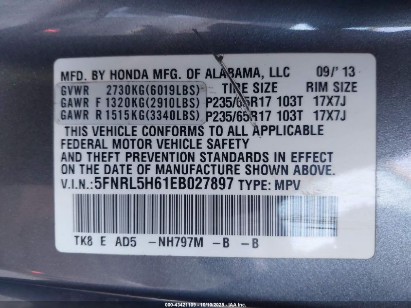 2014 Honda Odyssey Ex-L VIN: 5FNRL5H61EB027897 Lot: 43421109