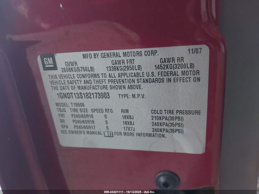 2008 Chevrolet Trailblazer Lt VIN: 1GNDT13S182173903 Lot: 43421111