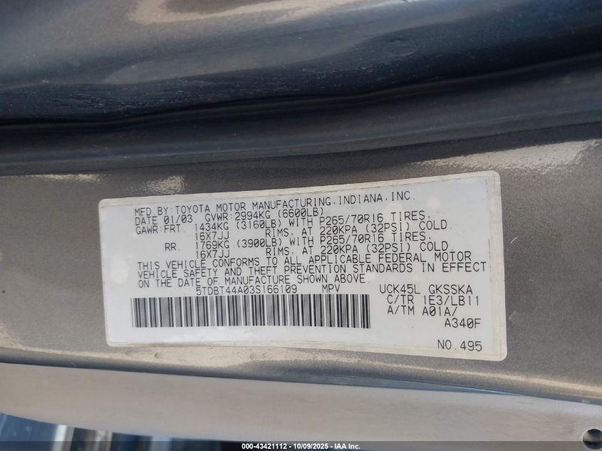 2003 Toyota Sequoia Sr5 V8 VIN: 5TDBT44A03S166109 Lot: 43421112